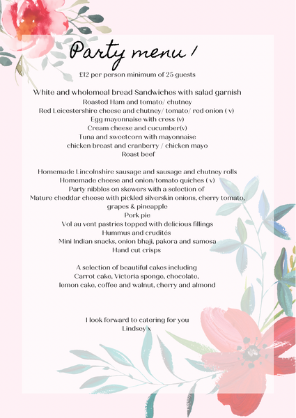 Party menu £12 per head minimum of 20